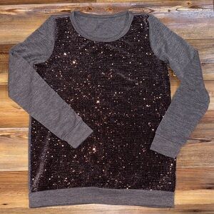 Brown Sequin Front Long Sleeve Sweater Top